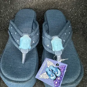 BNWT denim jean platform wedge opalite crystal buddha shoe size 8/38