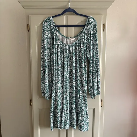 BODEN Scoop Tiered Mini Jersey Dress | Bottle Green Bloom Cascade | US Size 14