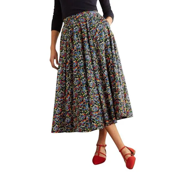Boden Size 2 Corinne Black Multi Floral 100% Cotton A-Line Midi Skirt
