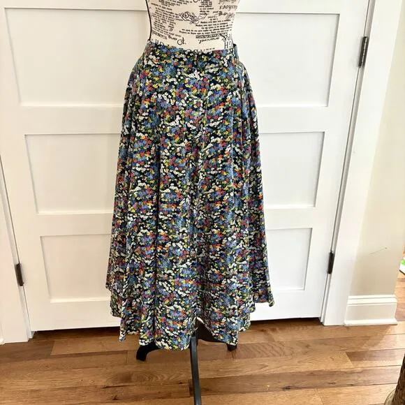 Boden Size 2 Corinne Black Multi Floral 100% Cotton A-Line Midi Skirt