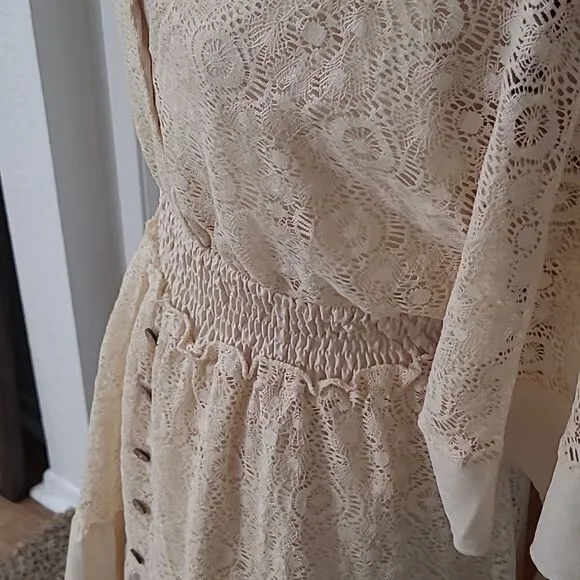 Boho Romantic Lace Overlay Angel Sleeve Mini Dress Lt Blue sz L