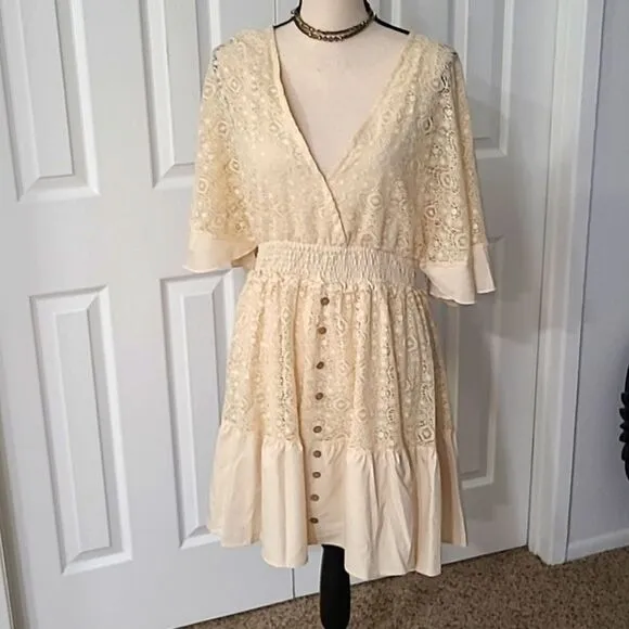 Boho Romantic Lace Overlay Angel Sleeve Mini Dress Lt Blue sz L