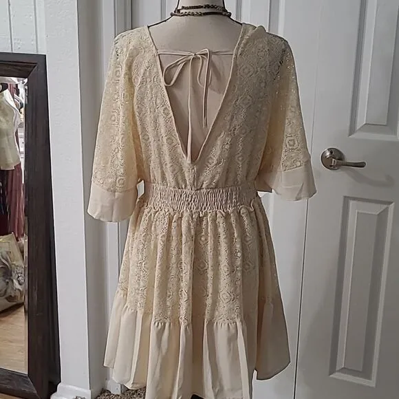 Boho Romantic Lace Overlay Angel Sleeve Mini Dress Lt Blue sz L