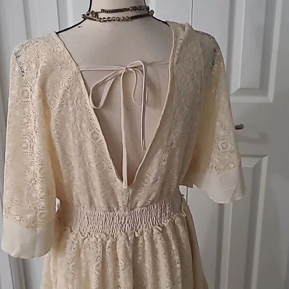 Boho Romantic Lace Overlay Angel Sleeve Mini Dress Lt Blue sz L