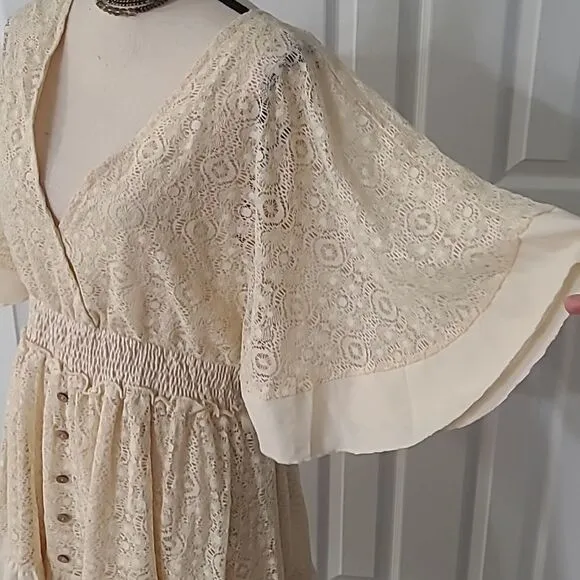 Boho Romantic Lace Overlay Angel Sleeve Mini Dress Lt Blue sz L