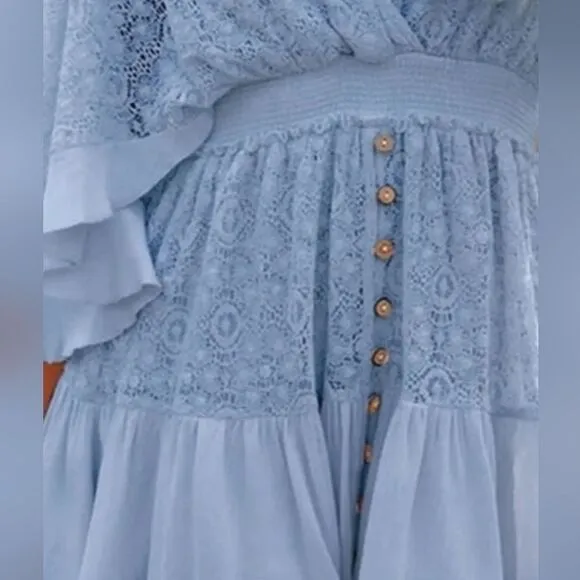 Boho Romantic Lace Overlay Angel Sleeve Mini Dress Lt Blue sz L