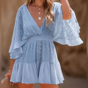 Boho Romantic Lace Overlay Angel Sleeve Mini Dress Lt Blue sz L