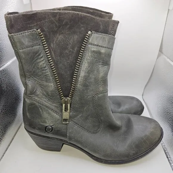 Born Mila In Charcoal Leather/ Suede Zippered Boots Size 8 Like New