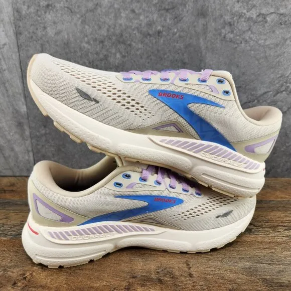 Brooks Adrenaline GTS 23 Size 8.5 Womens Beige Ivory Purple Blue Running Shoes