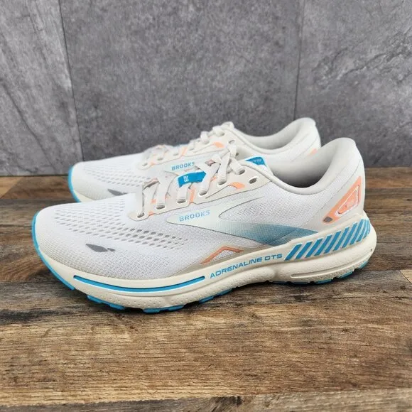 Brooks Adrenaline GTS 23 Sz 9 Womens Coconut Papaya Blue White Running Shoes