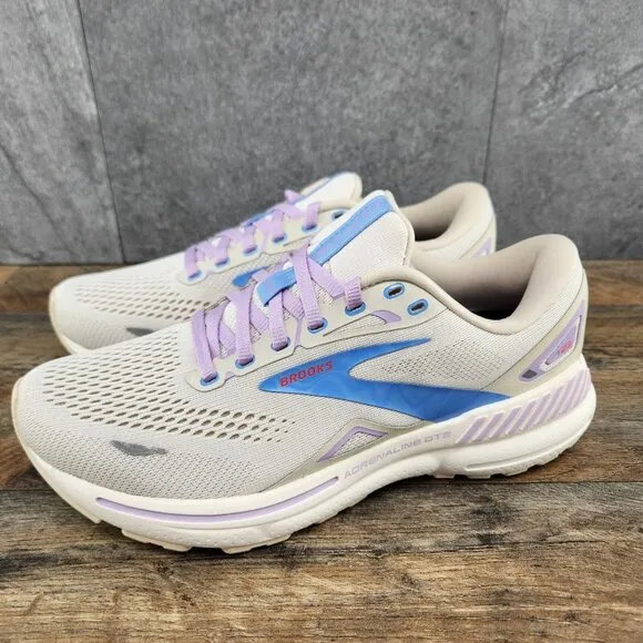 Brooks Adrenaline GTS 23 Sz 9.5 Womens Beige Ivory Purple Blue Running Shoes