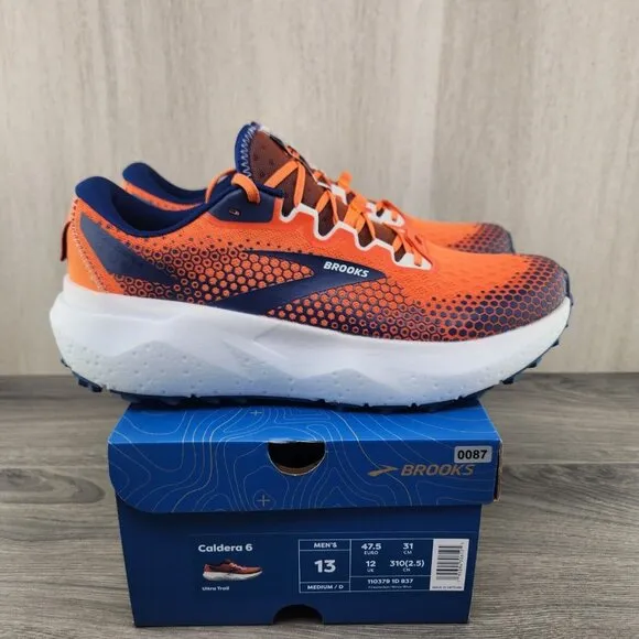 Brooks Caldera 6 Size 13 Mens Firecracker Orange Navy Blue Running Casual Shoes