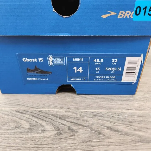 Brooks Ghost 15 Size 14 Mens Black Blackened Pearl Blue Athletic Running Shoes