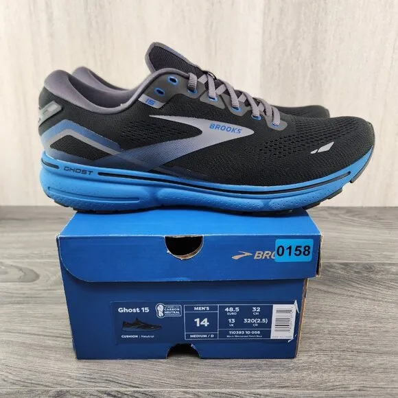 Brooks Ghost 15 Size 14 Mens Black Blackened Pearl Blue Athletic Running Shoes