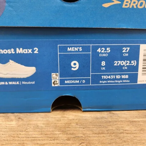 Brooks Ghost Max 2 Size 9 Mens Bright White Casual Walking Running Shoes