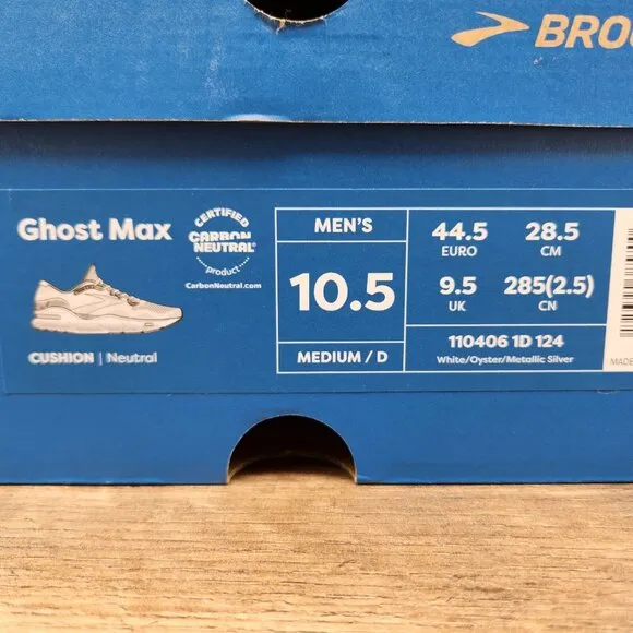 Brooks Ghost Max Size 10.5 Mens White Oyster Metallic Silver Running Shoes