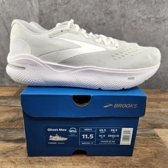 Brooks Ghost Max Size 11.5 Mens White Oyster Metallic Silver Running Shoes