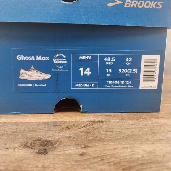 Brooks Ghost Max Size 14 Mens White Oyster Metallic Silver Running Shoes