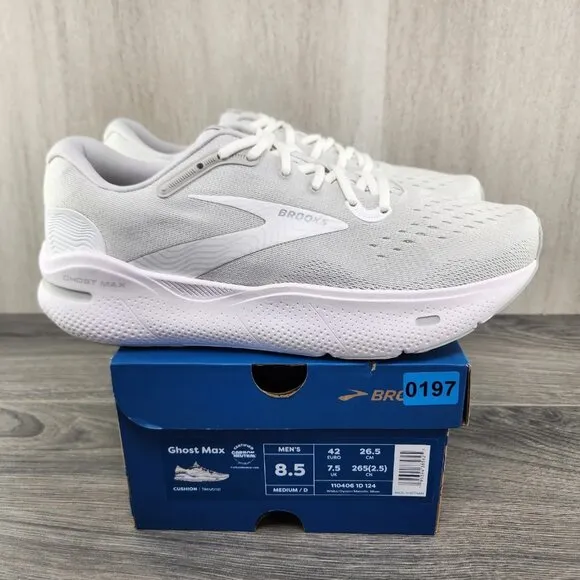 Brooks Ghost Max Size 8.5 Mens White Oyster Metallic Silver Running Shoes