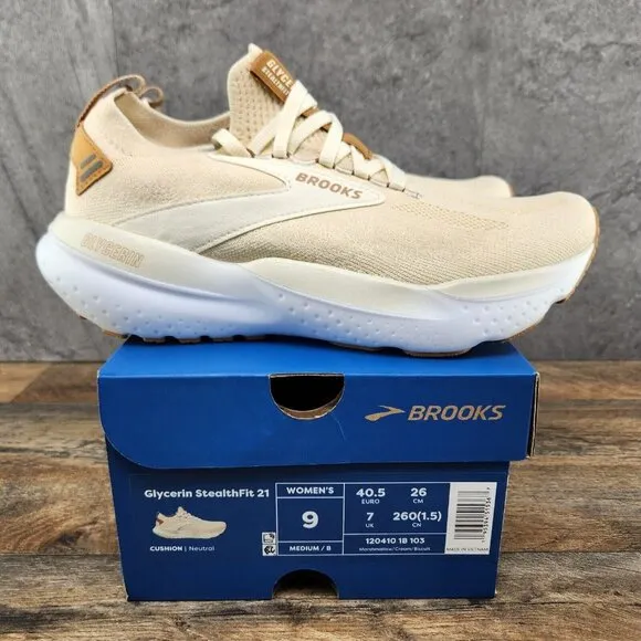 Brooks Glycerin StealthFit 21 Sz 9 Womens Marshmallow Cream Beige Running Shoes