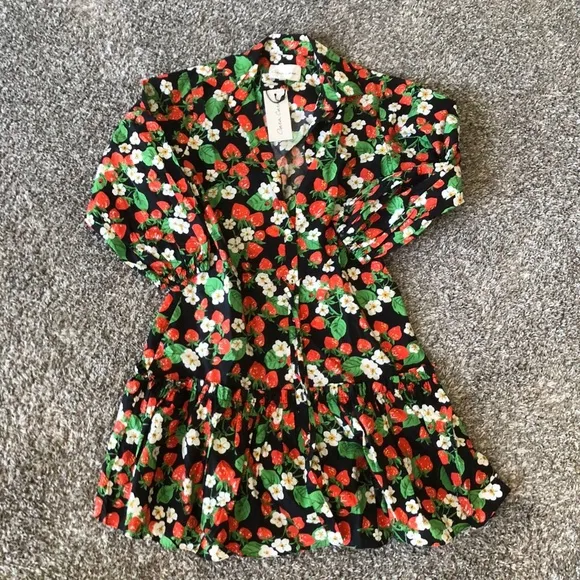 Cara Cara Robin Mini Cotton Dress - Wild Black Strawberry Floral Navy Red XS/2