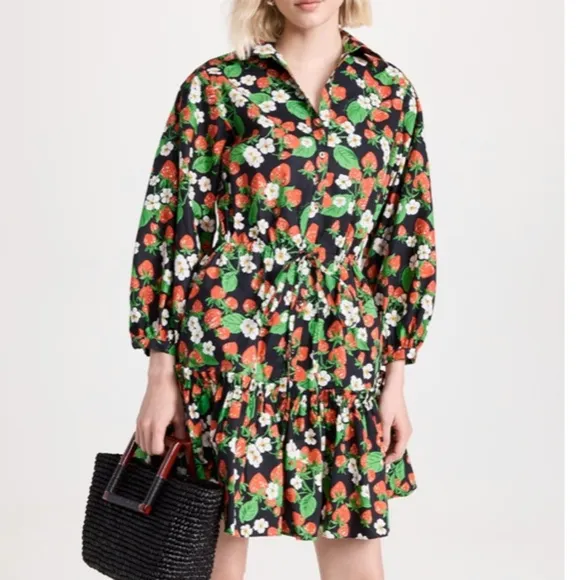 Cara Cara Robin Mini Cotton Dress - Wild Black Strawberry Floral Navy Red XS/2