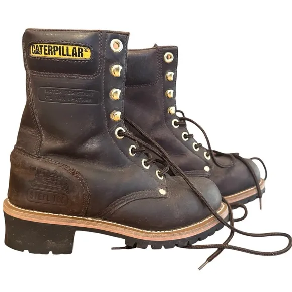 CAT Caterpillar Women’s CAROLINA STEEL TOE LOGGER BOOTS Brown Leather Lace Up