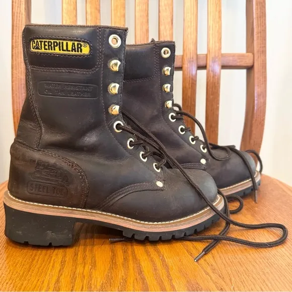 CAT Caterpillar Women’s CAROLINA STEEL TOE LOGGER BOOTS Brown Leather Lace Up
