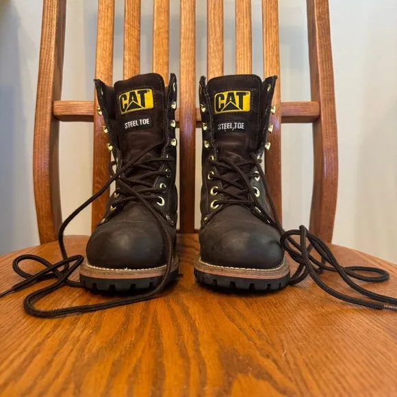 CAT Caterpillar Women’s CAROLINA STEEL TOE LOGGER BOOTS Brown Leather Lace Up
