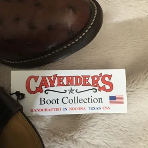 Cavender’s men’s round toe ostrich print western romper boots.