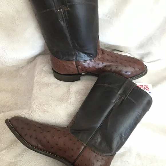 Cavender’s men’s round toe ostrich print western romper boots.