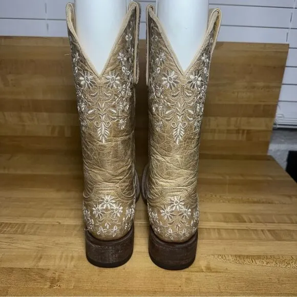 Cavenders Women's 8.5 B Tan Leather Square Toe Embroidered Flower Cowgirl Boots