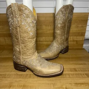 Cavenders Women's 8.5 B Tan Leather Square Toe Embroidered Flower Cowgirl Boots