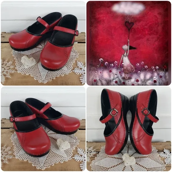 Cherry🍒Red Dansko Pro Marcelle Mary Jane Marah Strappy Buckle Clogs Boho 7.5-8