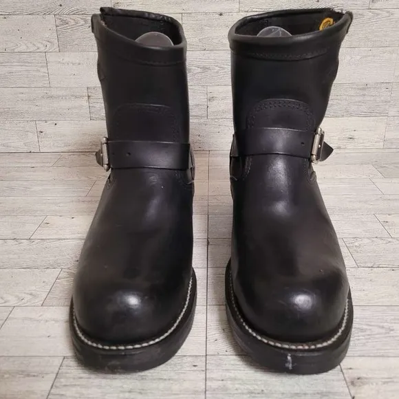 Chippewa Steel Toe Western Black Leather Harness Engineer Biker Boots Size 10.5