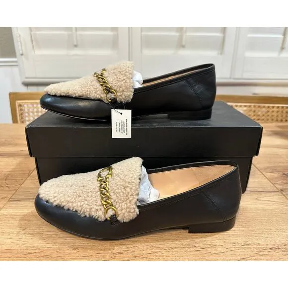 Coach Helena C Chain Loafers Leather &amp; Shearling Black Cream Gold Size 6.5 NIB
