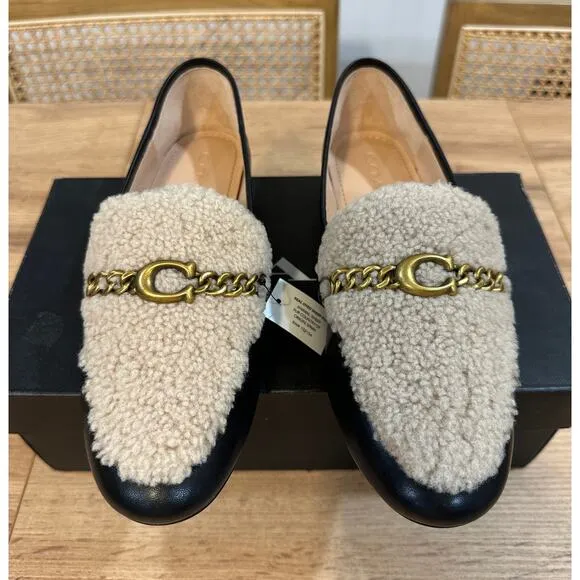 Coach Helena C Chain Loafers Leather &amp; Shearling Black Cream Gold Size 6.5 NIB