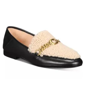 Coach Helena C Chain Loafers Leather &amp; Shearling Black Cream Gold Size 6.5 NIB