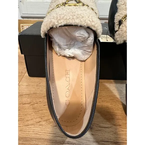 Coach Helena C Chain Loafers Leather &amp; Shearling Black Cream Gold Size 6.5 NIB