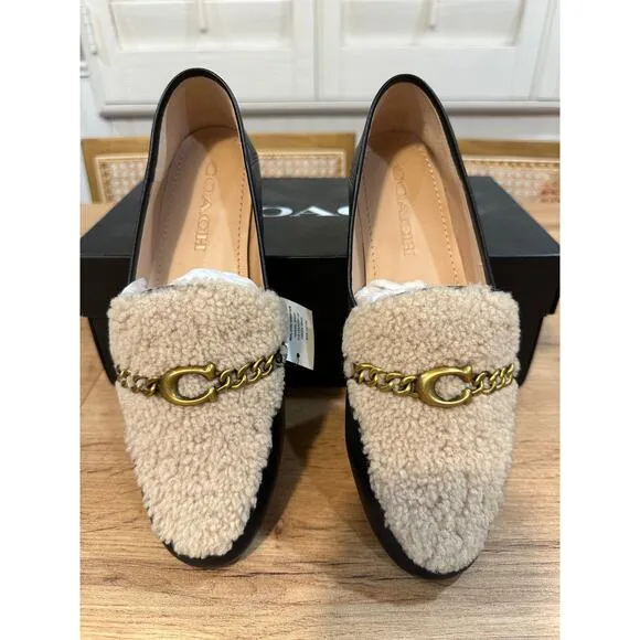 Coach Helena C Chain Loafers Leather &amp; Shearling Black Cream Gold Size 6.5 NIB