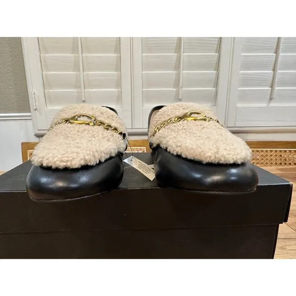 Coach Helena C Chain Loafers Leather &amp; Shearling Black Cream Gold Size 6.5 NIB