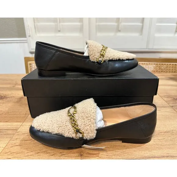 Coach Helena C Chain Loafers Leather &amp; Shearling Black Cream Gold Size 6.5 NIB