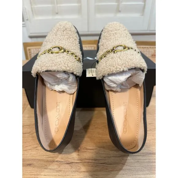 Coach Helena C Chain Loafers Leather &amp; Shearling Black Cream Gold Size 6.5 NIB