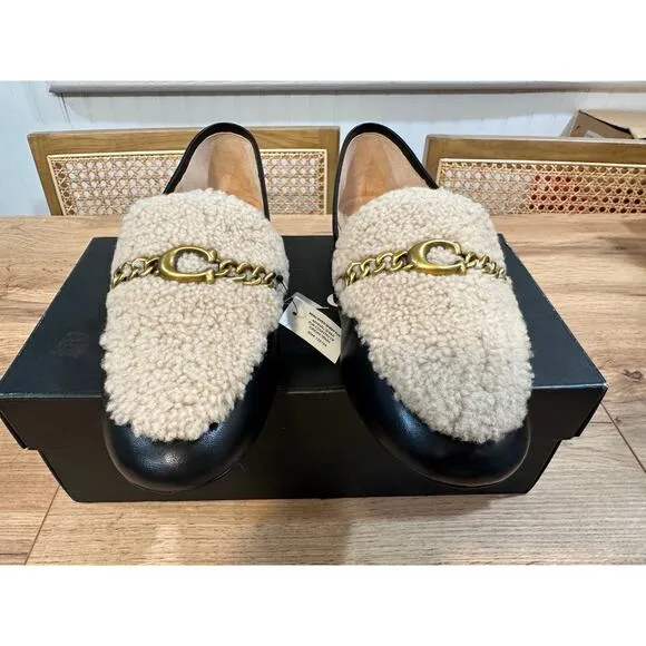 Coach Helena C Chain Loafers Leather &amp; Shearling Black Cream Gold Size 6.5 NIB