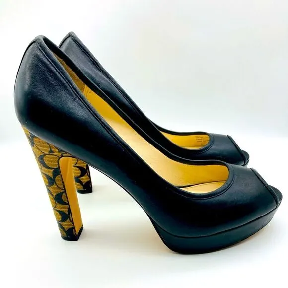 Coach Breana Black Leather Monogram Platform High Heels 9,5B