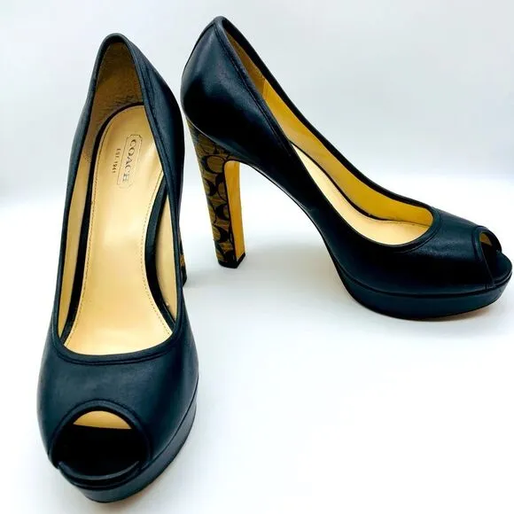Coach Breana Black Leather Monogram Platform High Heels 9,5B