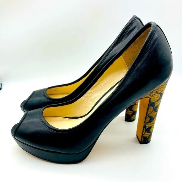 Coach Breana Black Leather Monogram Platform High Heels 9,5B