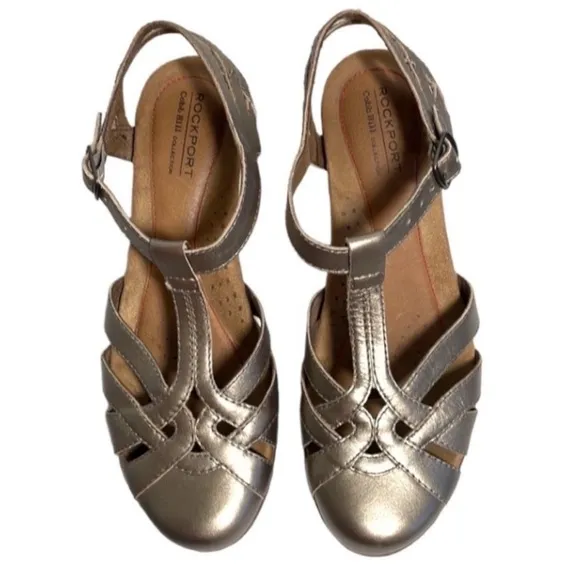 Cobb Hill Aubrey Heeled Shoe Leather Gold Closed Toe Open Heel T Strap Buckle 7M