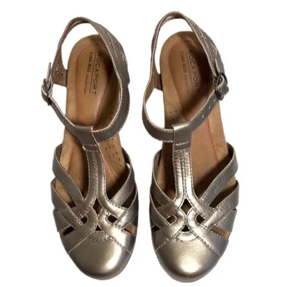 Cobb Hill Aubrey Heeled Shoe Leather Gold Closed Toe Open Heel T Strap Buckle 7M