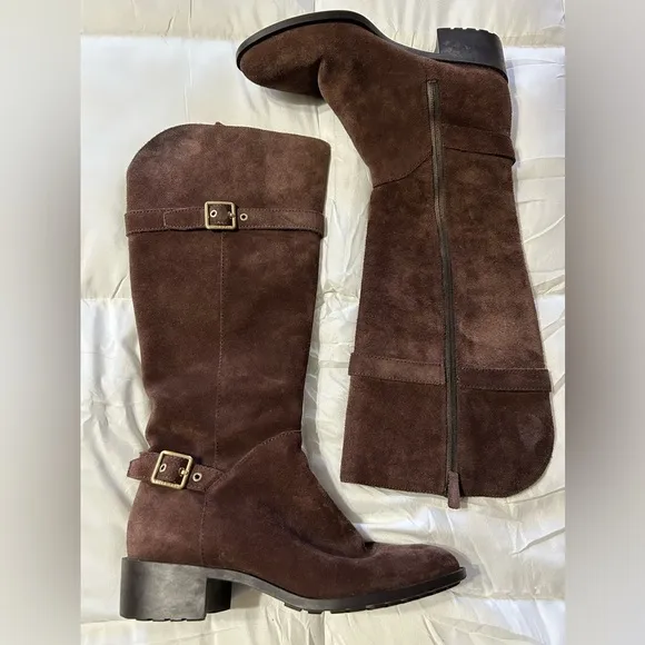 Cole Haan Women Brown Suede Leather Boots Knee High Waterproof Equestrian